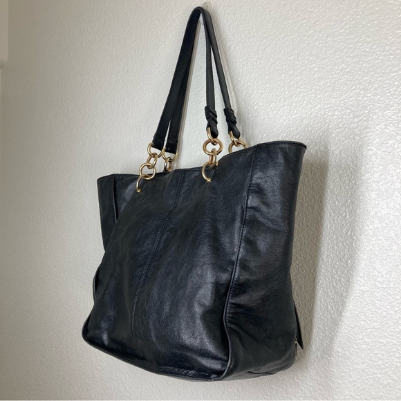 BADGLEY MISCHKA Black Tessa Shine Leather Studded Tote Handbag 17x13" - Picture 10 of 16